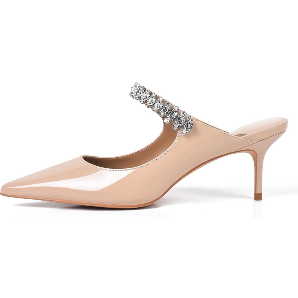 Heeled Mules Rhinestone Heels Pointed Toe 2.5 Inch Kitten Closed Toe  Shoes